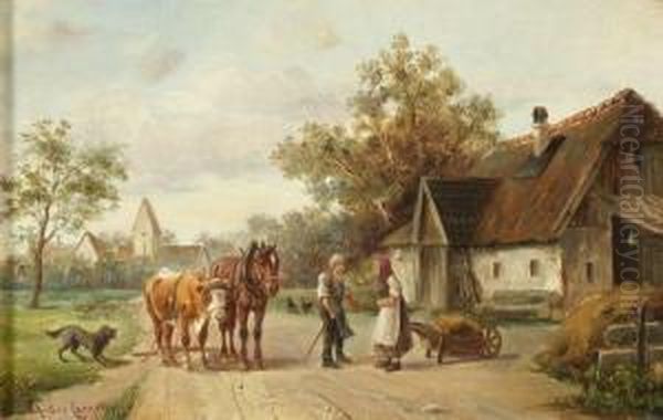 Unterhaltung Auf Der Dorfstrasse Oil Painting by Ludwig Muller-Cornelius