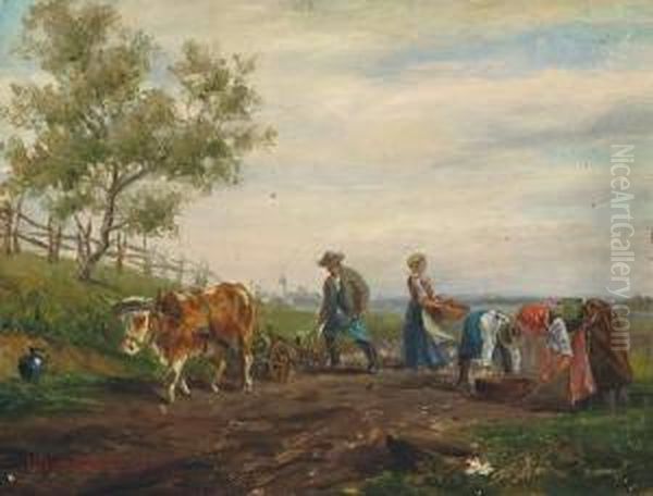 Bauern Mit Ochse Bei Der Feldarbeit Vor Fernem Kirchdorf Oil Painting by Ludwig Muller-Cornelius