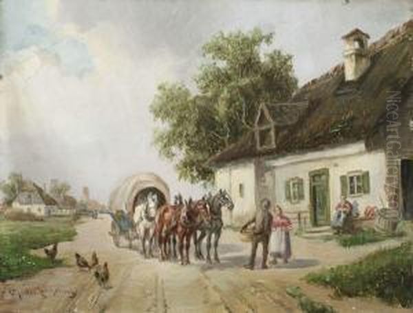 Haltender Planwagen Auf Einer Dorfstrasse Oil Painting by Ludwig Muller-Cornelius