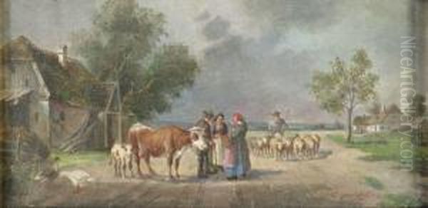 Bauern Im Gesprach Auf Einer Dorfstrasse Oil Painting by Ludwig Muller-Cornelius