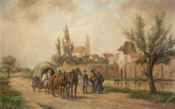 Pferdewagen Und Bauern In Rosenberg Oil Painting by Ludwig Muller-Cornelius