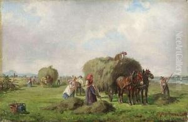 Hayharvest Oil Painting by Ludwig Muller-Cornelius