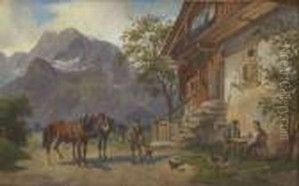 Rast Vor Dem Bauernhaus - Gesprach
 Auf Der Dorfstrase. Oil Painting by Ludwig Muller-Cornelius