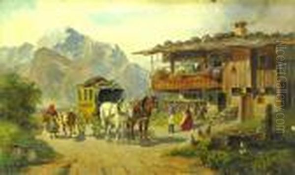 Travellers Outside An Alpine Farm House Oil Painting by Ludwig Muller-Cornelius