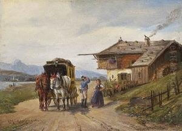 Halt Der Postkutsche Vor Dem
 Bauernhaus. Oil Painting by Ludwig Muller-Cornelius