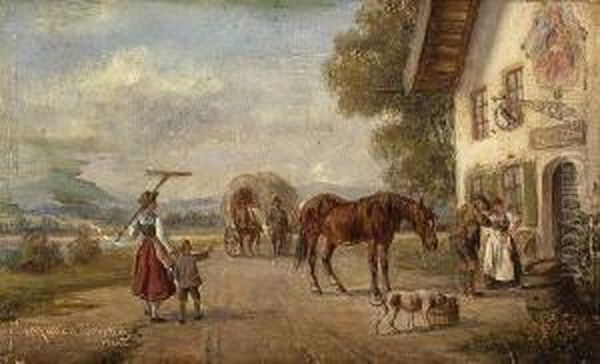 Vor Dem Wirtshaus. Oil Painting by Ludwig Muller-Cornelius