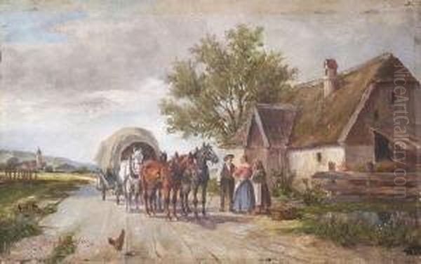 Pferdefuhrwerk Vor Dem
 Bauernhaus. Oil Painting by Ludwig Muller-Cornelius