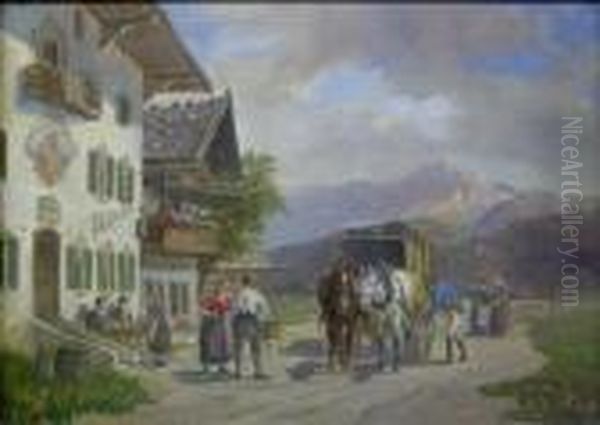 Alpine Village Oil Painting by Ludwig Muller-Cornelius