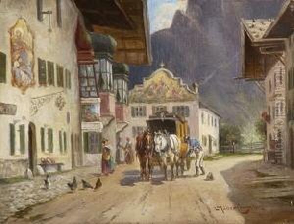 Halt Der Postkutsche Vor Dem
 Gasthaus. Oil Painting by Ludwig Muller-Cornelius