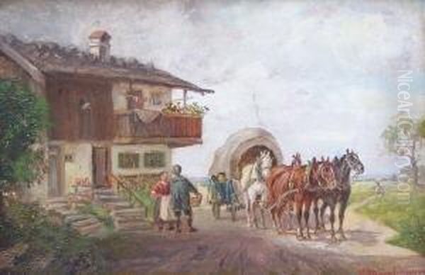 Die Ankunft Der Postkutsche Vor Einem Bauernhaus Oil Painting by Ludwig Muller-Cornelius