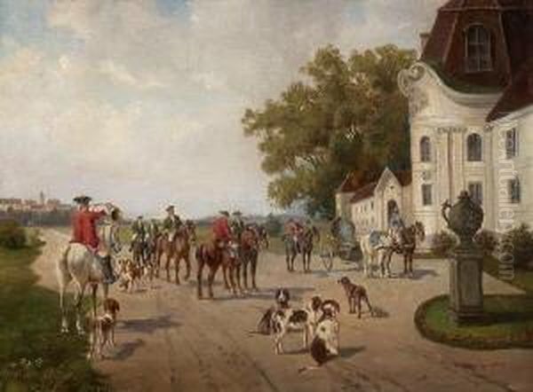 Jagdgesellschaft Mit Hunden Vor
 Einem Rokoko-schlosschen. Oil Painting by Ludwig Muller-Cornelius