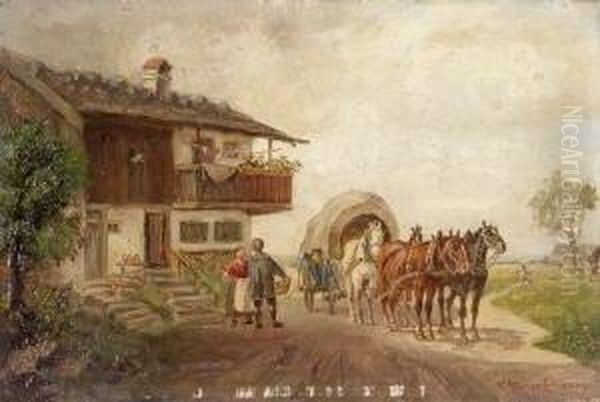 Vierspanniger Planwagen Vor Einem
 Bauernhaus. Oil Painting by Ludwig Muller-Cornelius