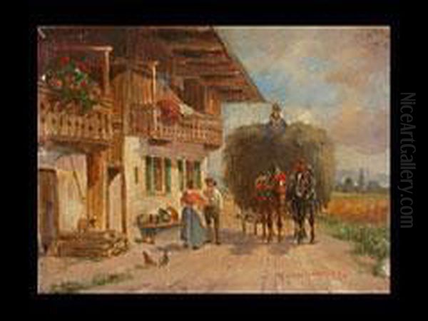 Heuerntewagen Vor Einem Bauernhof Oil Painting by Ludwig Muller-Cornelius