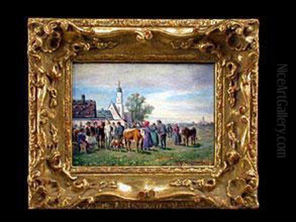 Viehmarkt Bei Dachau Oil Painting by Ludwig Muller-Cornelius