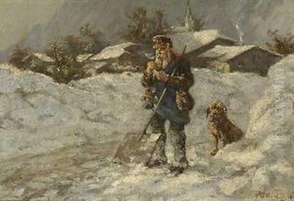 Rast Beim Schneeraumen. Oil Painting by Albert Muller-Lingke