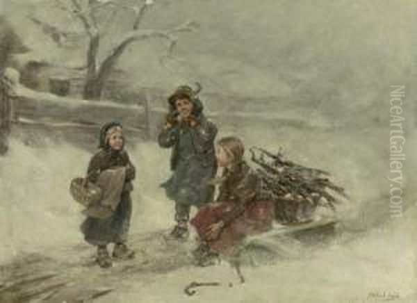 Drei Kinder Auf Verschneiter Dorfstrase Oil Painting by Albert Muller-Lingke