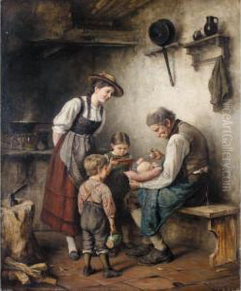 Essenszeit (feeding Time) Oil Painting by Albert Muller-Lingke