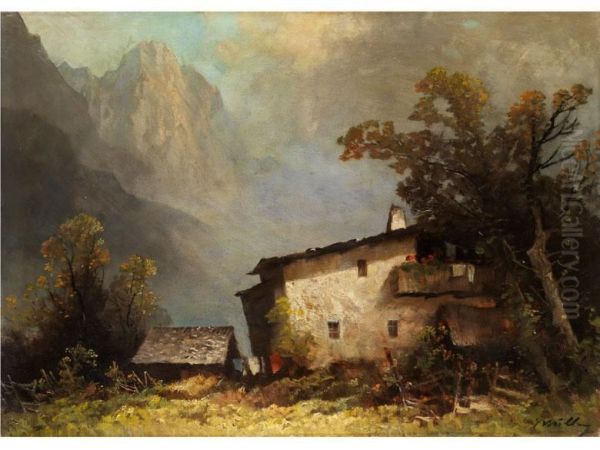 Bauernhaus Mit Balkon Und Nebengebaudehinter Baumen In Den Alpen Oil Painting by Oskar Mulley