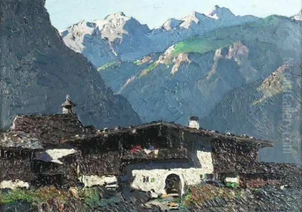 Bergbauernhof Vor Eindrucksvoller Gebirgskulisse Oil Painting by Oskar Mulley