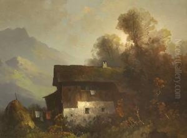 Bauernhaus In Herbstlicher
 Gebirgslandschaft. Oil Painting by Oskar Mulley