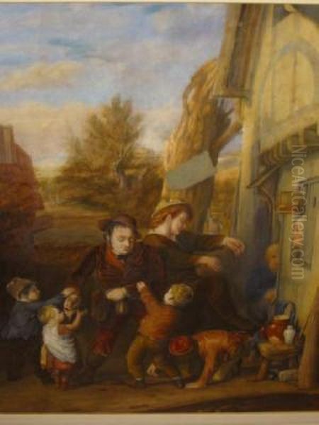 Rustics Outside A Village Inn Oil Painting by William Mulready