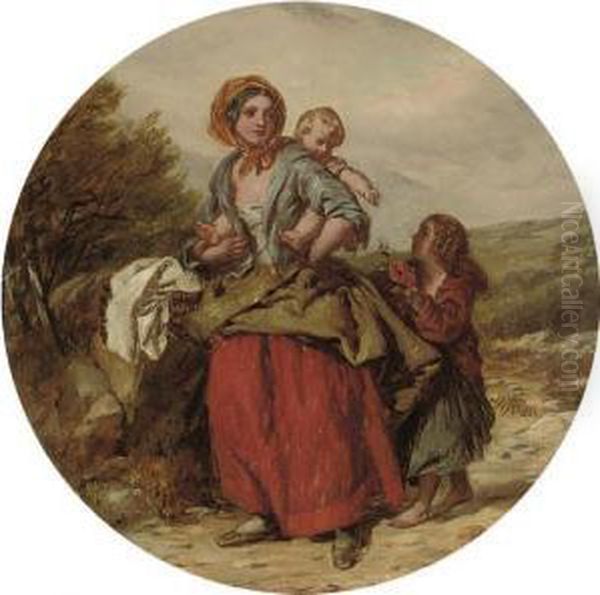 A Mother And Children On A Country Road; And Another Similar Oil Painting by William Mulready