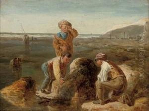 Three Boys Sailing A Toy Boat In A Rock Pool Oil Painting by William Mulready