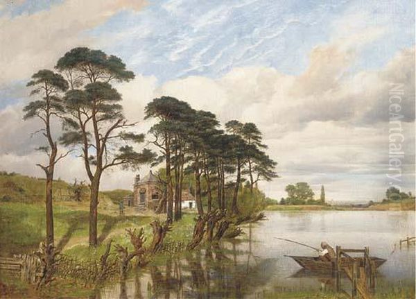 A Fisherman In A Lake Landscape by William Mulready