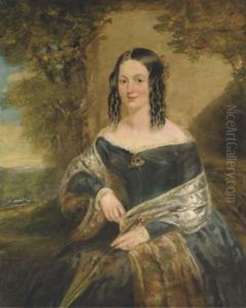 Portrait Of A Lady, 
Three-quarter Length, Seated, In A Blue Dresswith A Patterned Shawl And 
Parasol, A Floral Brooch On Her Chest,in A Landscape Oil Painting by William Mulready