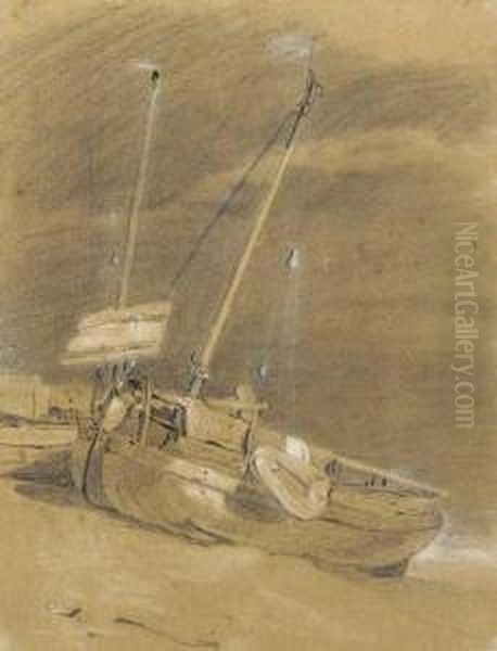 A Beached Fishing Vessel At Low Tide Oil Painting by William Mulready