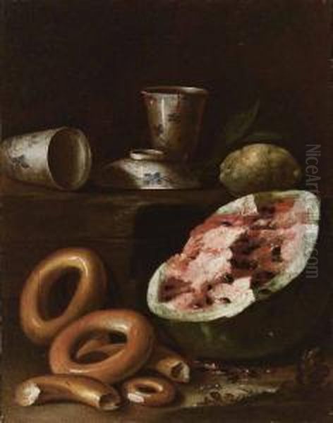 Tazzine Di Porcellana, Limone Su Basamento, Cocomero E Ciambelle Oil Painting by Cristoforo Munari