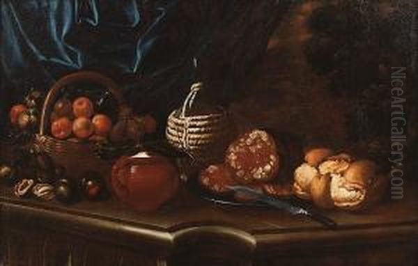 Peaches, Figs And Apples In A 
Basket, An Earthenware Jar, Salame On A Pewter Plate With A Knife, A 
Bottle And Bread On A Stone Ledge, A View To A Landscape Beyond Oil Painting by Cristoforo Munari