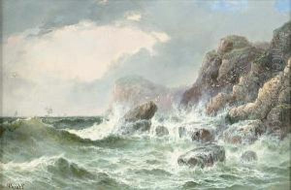 Waves Crashing On A Rocky Coastline Oil Painting by J. Mundell