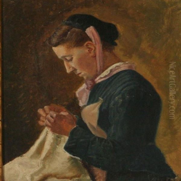 A Woman Sewing Oil Painting by Emilie Mundt