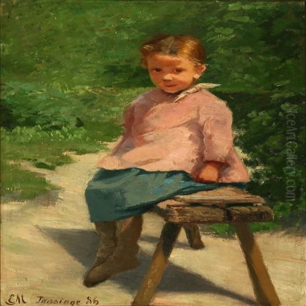 Little Girl From Tasinge Island On A Bench Oil Painting by Emilie Mundt