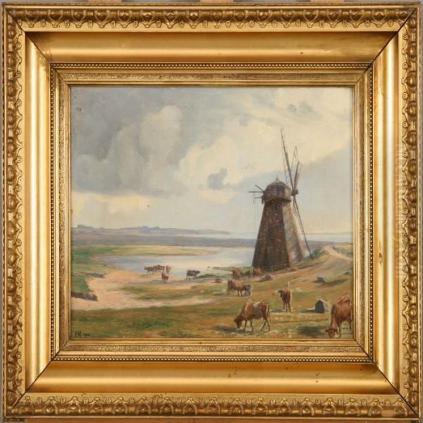 Landscape With Grazing Cows By A Mill. Signed Em 1901 Oil Painting by Emilie Mundt