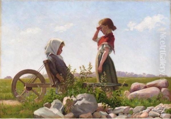 To Piger Pa Tur (the Wheelbarrow Ride) Oil Painting by Emilie Mundt