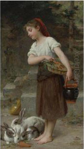 Feeding The Rabbits Oil Painting by Emile Munier