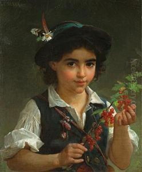 A Young Boy Holding A Branch Of Berries Oil Painting by Emile Munier