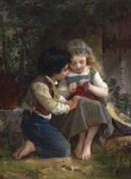 Le Lecon De Tricot. 1874. Oil Painting by Emile Munier