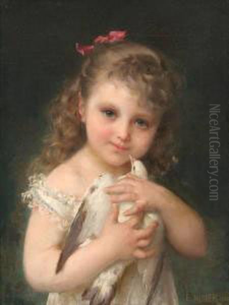 Young Girl Holding A White Dove Oil Painting by Emile Munier