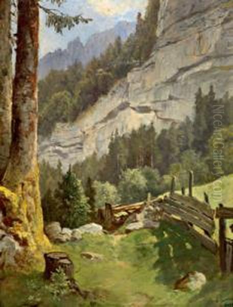 Im Echernthal Bei Hallstatt Oil Painting by Leopold Munsch