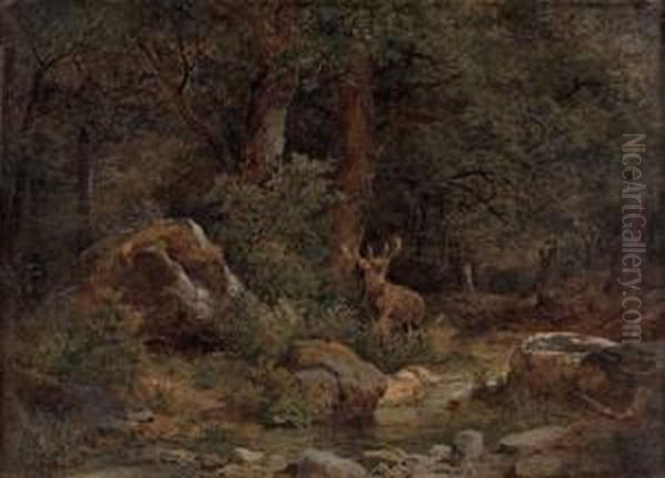 Hirsch Am Waldbach Oil Painting by Leopold Munsch