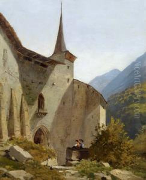 Motiv Einer Tiroler Burganlage Mit Figurlicher Staffage Oil Painting by Leopold Munsch