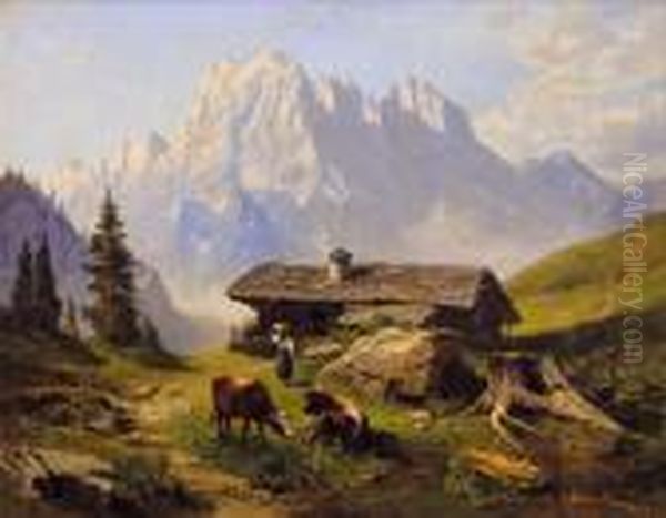 Hochgebirge Mit Almhutte Oil Painting by Leopold Munsch