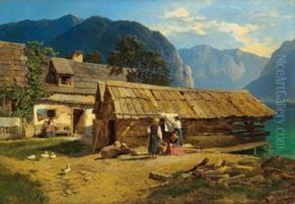 Attribuito Giornata Di Sole Sul Lago Hallstatter See Oil Painting by Leopold Munsch