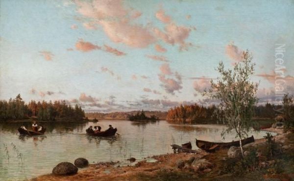 Riverbank At Sunset Oil Painting by Hjalmar (Magnus) Munsterhjelm