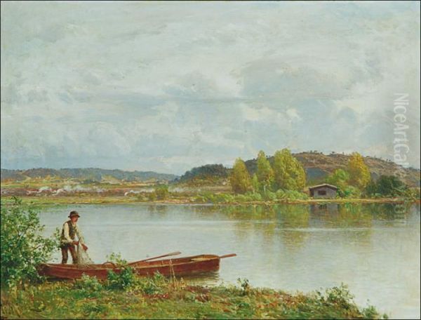 Fisherman By The Lake Shore Oil Painting by Hjalmar (Magnus) Munsterhjelm