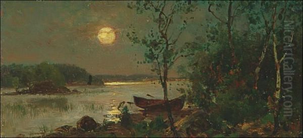 Lake Shore In Moonlight Oil Painting by Hjalmar (Magnus) Munsterhjelm