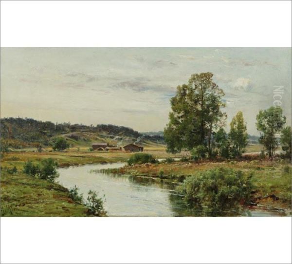 River Landscape Oil Painting by Hjalmar (Magnus) Munsterhjelm